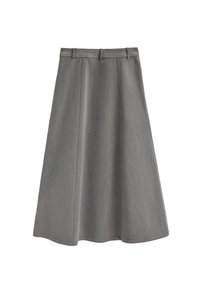 Grå denim A-linje kjol med en åtsittande midja, utgående form, subtil textur och sydda detaljer, som når ner till mitten av vadbenet.