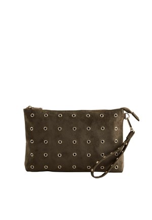 Dark brown suede clutch with gold circular studs arranged in rows and a matching wrist strap attached to a zipper pull.