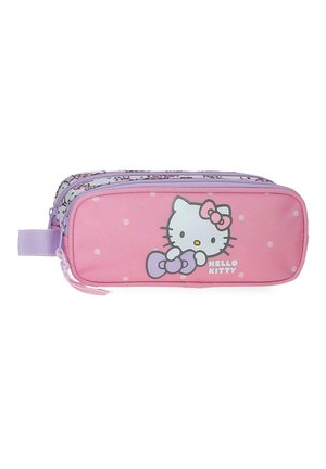 Estuche de lápices rectangular rosa con un personaje de Hello Kitty sosteniendo un lazo morado y puntos blancos, con dos compartimentos con cremallera.
