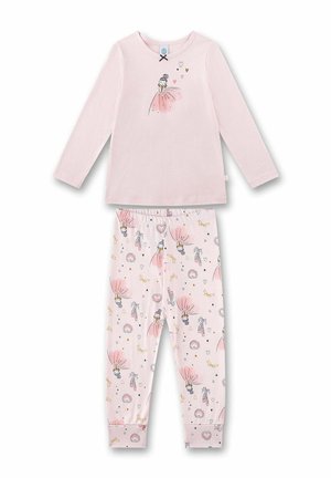 Set pigiama rosa chiaro con maglia a maniche lunghe e pantaloni con illustrazioni di ballerina, cuore e scarpette da balletto per bambine.