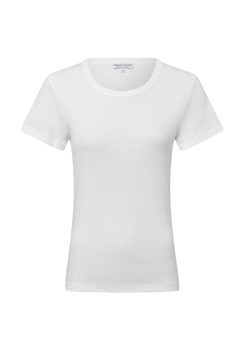 Weißes T-Shirt mit kurzen Ärmeln aus geripptem Stoff. Verfügt über einen runden Halsausschnitt und ein figurbetontes Design ohne grafische Muster oder Verzierungen.