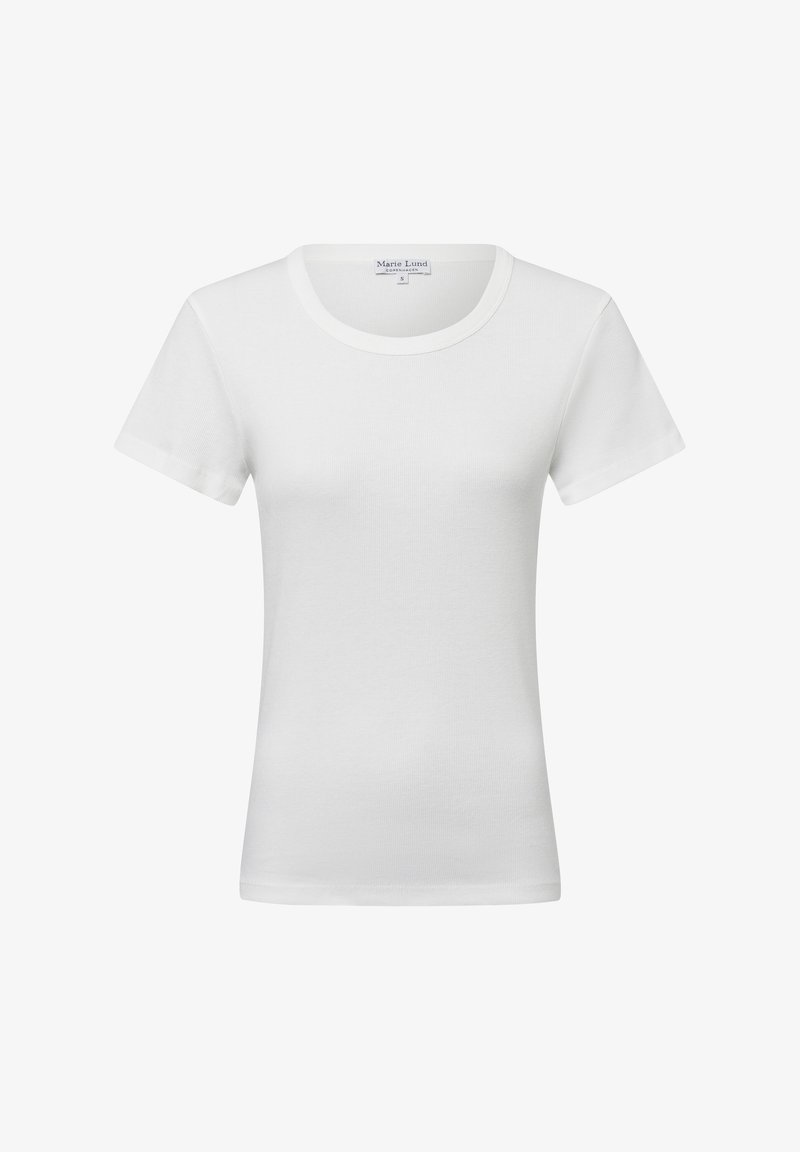 White short-sleeve t-shirt made of ribbed fabric. Features a round neckline and a fitted design with no graphic patterns or embellishments.