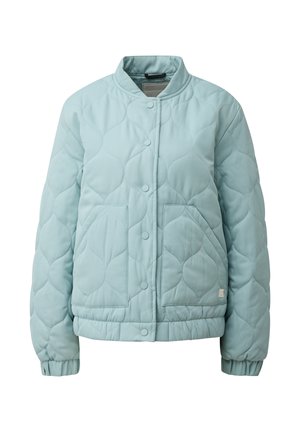 Hellblauer gesteppter Bomberjacke mit Druckknöpfen, elastischen Bündchen, zwei Fronttaschen und einem gerippten Kragen.