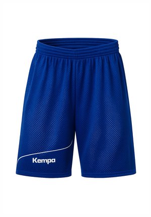 Shorts de sport en maille bleu avec taille élastique et logo "Kempa" blanc ainsi qu'un détail de ligne courbe sur la jambe gauche.