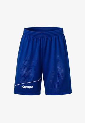 Shorts de sport en maille bleu avec taille élastique et logo "Kempa" blanc ainsi qu'un détail de ligne courbe sur la jambe gauche.