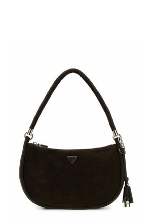 Small black suede shoulder bag with rounded shape, padded handle, silver hardware, and a zip closure with branded charm tassels.