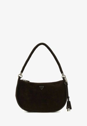 Small black suede shoulder bag with rounded shape, padded handle, silver hardware, and a zip closure with branded charm tassels.