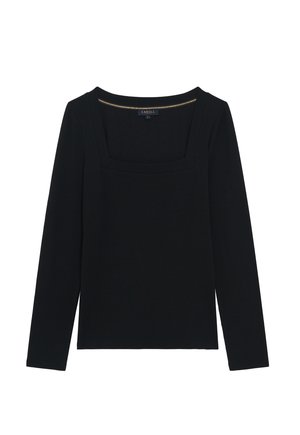 Zwarte lange mouwen top met een vierkante halslijn. Gemaakt van ribstof, met minimale naden en een subtiele gouden accent langs de halslijn.