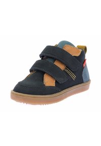 Scarpe alte nere e marroni con due cinturini in Velcro, suola in gomma e accenti blu e gialli. Materiali in camoscio e pelle utilizzati.