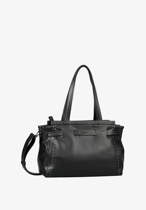 Sac à main en cuir noir avec double poignée et bandoulière amovible, présentant des coutures décoratives et une finition lisse.