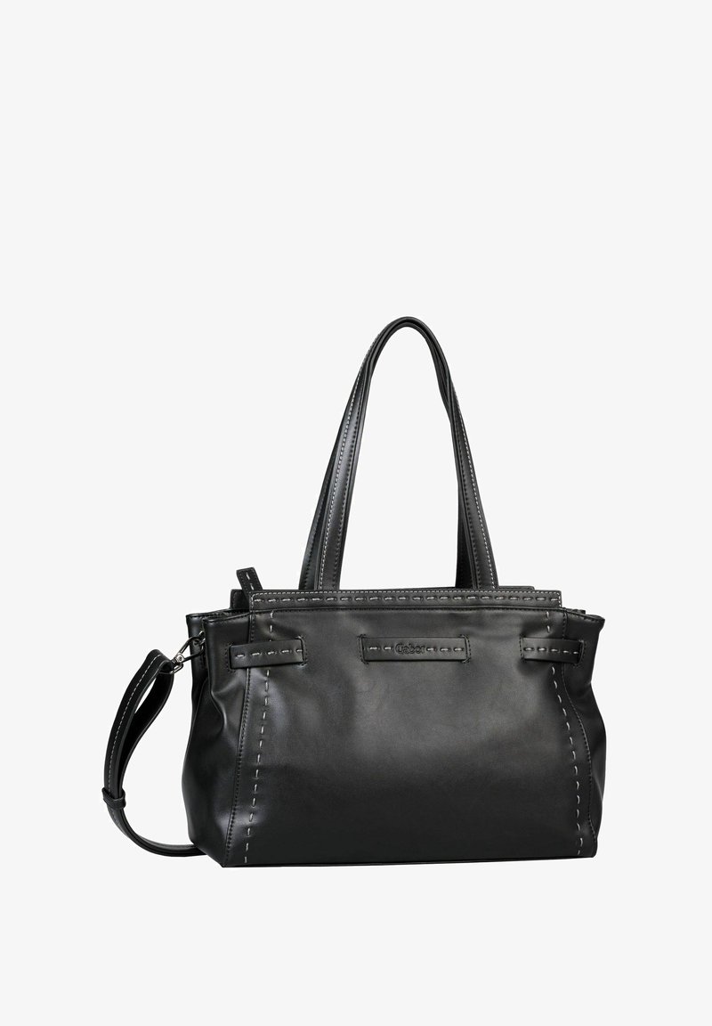 Sac à main en cuir noir avec double poignée et bandoulière amovible, présentant des coutures décoratives et une finition lisse.