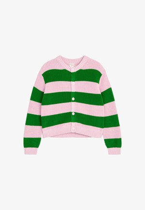 Cardigan boutonné avec larges rayures horizontales roses et vertes, manches longues et encolure ronde, présenté à plat sur fond blanc.