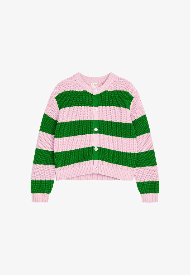 Cardigan boutonné avec larges rayures horizontales roses et vertes, manches longues et encolure ronde, présenté à plat sur fond blanc.