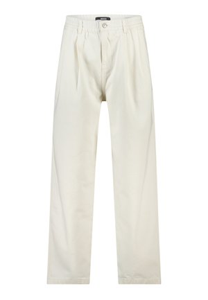 Crèmekleurige broek met rechte pijpen, knoopsluiting en elastische tailleband, voorzien van voorplooien en zijzakken.