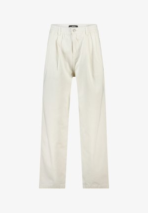 Helle, cremefarbene Hose mit geradem Bein, Knopf- und elastischem Bund, vorne mit Falten und Seitentaschen.