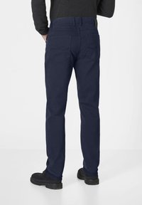 Navy blue cotton pants with a straight-leg design. Features two back pockets and a smooth texture. Suitable for casual wear.