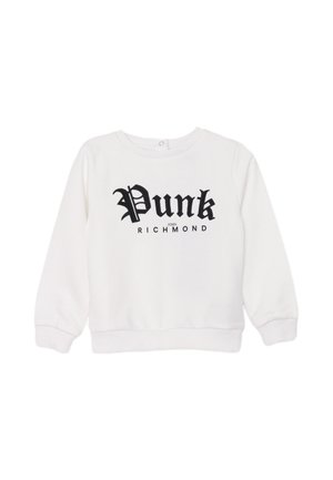 Maglione bianco con maniche lunghe e polsini a coste, con testo gotico nero "Punk" e "John Richmond" stampato sul fronte.