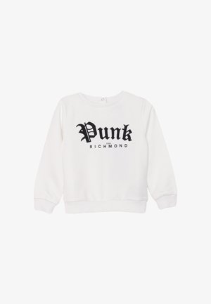 Maglione bianco con maniche lunghe e polsini a coste, con testo gotico nero "Punk" e "John Richmond" stampato sul fronte.