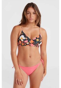 Cvetlični bikini vrh v črni barvi z oranžnimi, roza in belimi cvetlicami; usklajeni roza bikini spodnji deli s vezanjem ob straneh. Gladka tekstura, nastavljive naramnice.