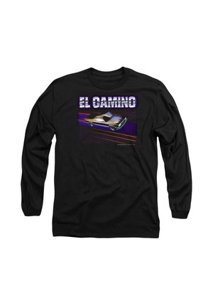 Schwarzes langärmeliges Shirt mit einem Aufdruck eines silbernen Autos mit retro Linien und dem Text "EL CAMINO" in fetter, bunter Schrift darüber.