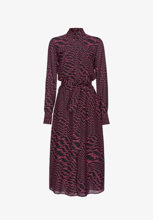 Zwarte jurk met een roze krabbels patroon, lange mouwen, een kraag en een tailleband voor een aansluitende pasvorm.