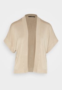 Cardigan beige, leggero, con una texture morbida. Apertura frontale, maniche corte e bordi a coste, che offrono una vestibilità ampia e rilassata.