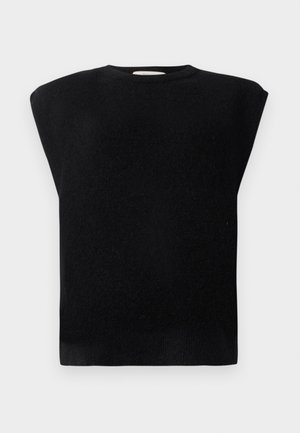 Pull noir en tricot avec une coupe carrée, un col rond et des manches courtes. Texture lisse, sans motifs ni détails en métal visibles.