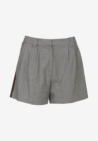 Karierte Shorts in Grau, Schwarz und Braun, mit hoher Taille, Falten und kontrastierenden braunen Seitenpanelen. Kurze Länge und taillierte Passform.