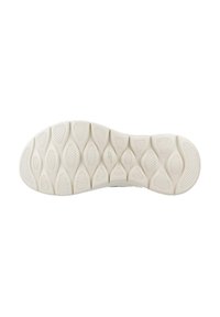Suela de zapato de goma blanca con agarre texturizado, que presenta patrones ovalados y hexagonales, diseñada para tracción y flexibilidad.