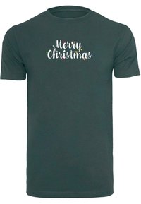 Mørkegrøn kortærmet T-shirt med "Glædelig Jul" trykt i hvid, fremhævet af farverige julelys illustrationer.