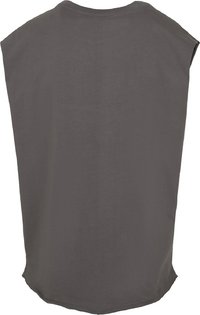 Débardeur gris foncé, fabriqué en tissu doux, présente une coupe ample et un ourlet arrondi. Design simple sans embellissements.