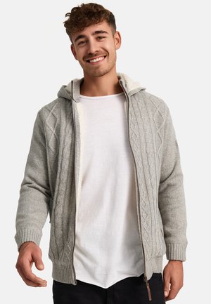 Cárdigan de punto gris claro con capucha, que presenta un patrón de punto trenzado, cierre de cremallera y puños acanalados. Se lleva encima de una camiseta blanca.
