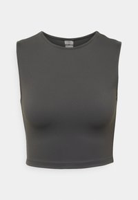 Sötét szürke ujjatlan crop top, sima, rugalmas anyagból; kör alakú nyakkivágással és testhez álló fazonnal rendelkezik.