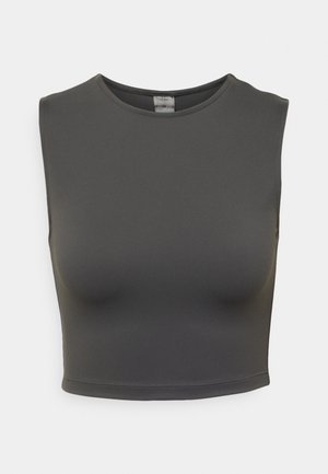 Musta harmaa ilmanhiha crop top, joka on valmistettu sileästä ja venyvästä materiaalista; siinä on pyöreä kaula-aukko ja tiukka siluetti.