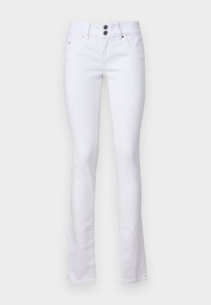 Białe dzwony z jeansu wykonanego z tkaniny bawełnianej, z dwiema guzikami z przodu, kieszeniami oraz subtelnymi detalami w szwach.