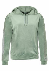 Felpa con cappuccio verde menta realizzata in morbido velluto, con dettagli argentati lungo le maniche e il cordino con punte metalliche.