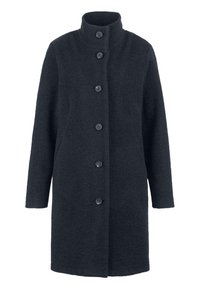 Abrigo de lana gris oscuro con cuello alto, siete botones al frente y bolsillos laterales. Presenta un corte recto y una tela texturizada.