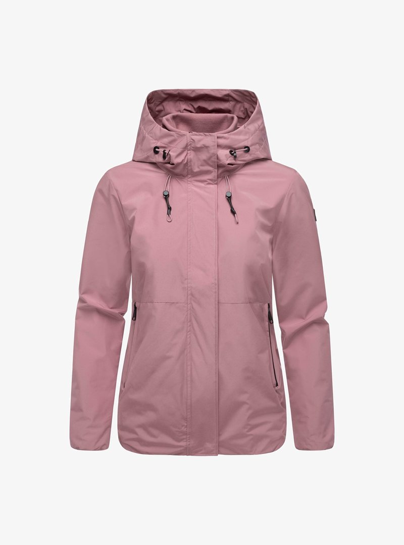 Hele roosa veekindel jakk, millel on kapuuts, kaks külgmist tõmblukuga taskut, reguleeritavad köied ja sile, mati viimistlusega pind.