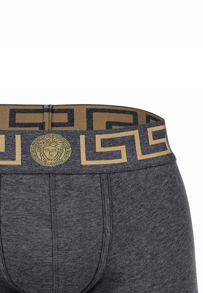 Gray underwear featuring a gold-patterned elastic waistband with a Medusa emblem and geometric designs.
