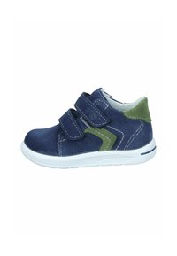 Blue suede sneaker with double Velcro straps, green accents, white rubber sole, and stitched detailing. Rounded toe and padded collar.