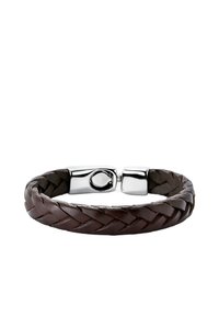 Pulsera trenzada de cuero marrón con cierre magnético de color plateado. Presenta una textura suave y un diseño redondeado.