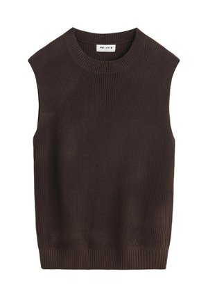 Gilet sans manches en tricot brun foncé avec un col rond et un ourlet côtelé sur fond blanc.