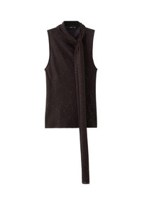 Top negru fără mâneci, cu un detaliu legat la gât, având un model discret cu pete și un material neted, elastic.