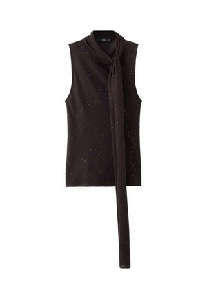 Schwarzes ärmelloses Oberteil mit einem Bindungsdetail am Hals, das ein dezentes gesprenkeltes Muster und einen glatten, dehnbaren Stoff aufweist.