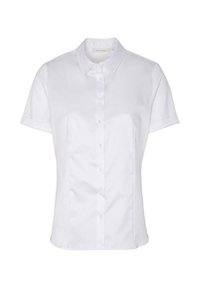Chemise blanche à manches courtes et à boutons, fabriquée en tissu lisse, dotée d'un col pointu et d'une patte de boutonnage avec des boutons ronds.