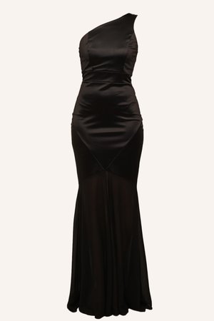 Black, one-shoulder evening gown made of smooth fabric, featuring a fitted bodice and flared skirt that extends to the floor.