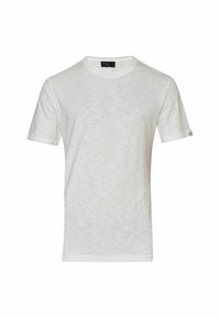 T-shirt bianco a maniche corte con finitura texturizzata, scollatura a girocollo e dettaglio con maniche ripiegate. Presenta un piccolo logo etichetta sull'orlo.