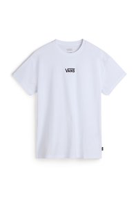 Valkoinen puuvillainen lyhythihainen t-paita, jossa on musta Vans-logo keskitettynä rinnassa ja pieni musta etiketti helman kohdalla.