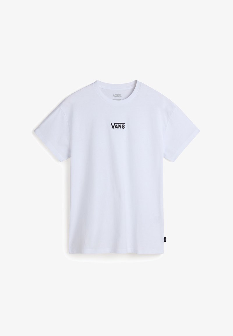 Valkoinen puuvillainen lyhythihainen t-paita, jossa on musta Vans-logo keskitettynä rinnassa ja pieni musta etiketti helman kohdalla.