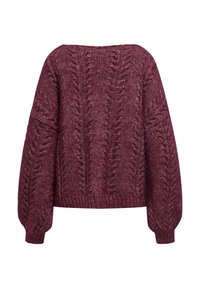 Burgundska pulover z cable-knit vzorcem ima pravokotno zasnovo z oversized rokavi, teksturiranimi vzorci in okroglim ovratnikom, izdelan je iz udobnega blaga.